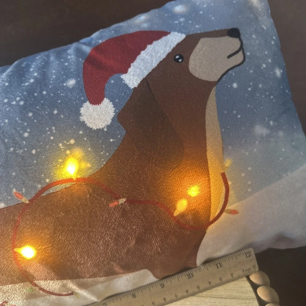 MINA VICTORY LIGHT UP Dachshund Holiday Dog Throw Pillow, Light Blue Multicolor